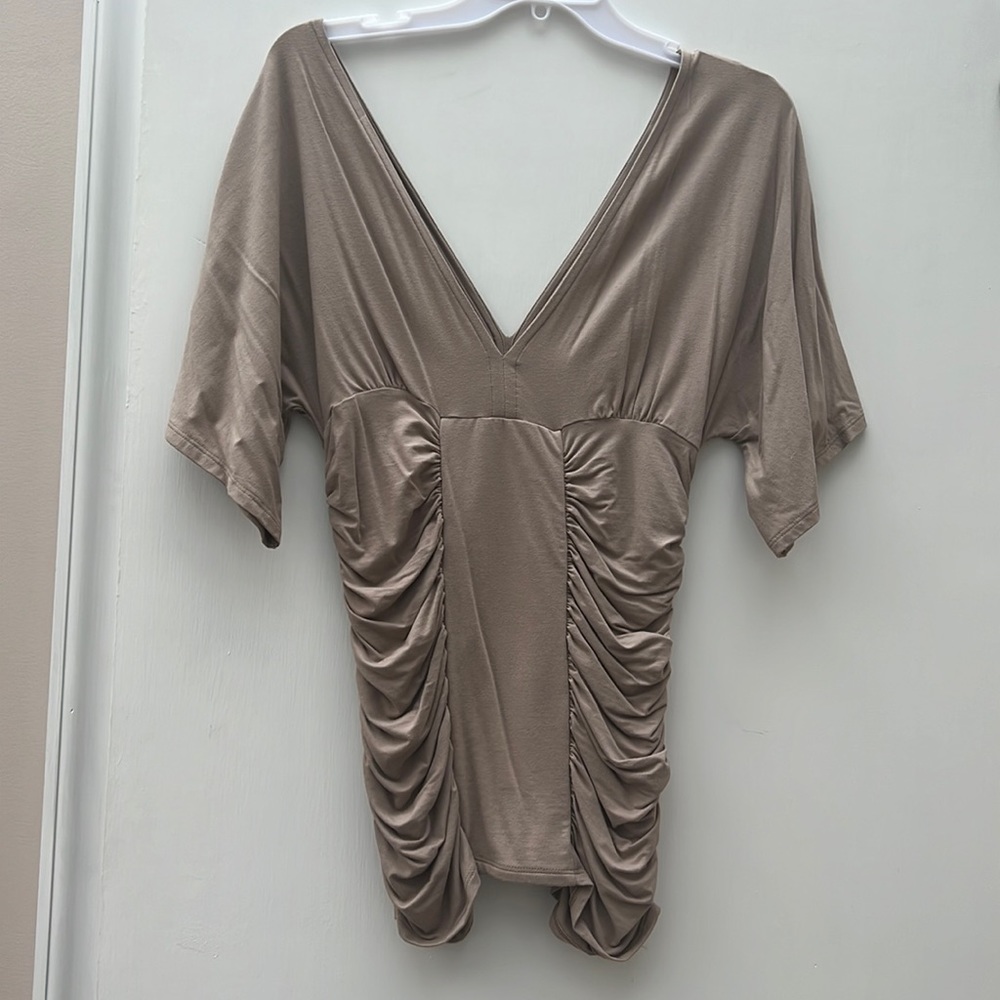 Boston Proper Tan Ruched Short Oversized Sleeves V neck Top Jersey-like Blouse